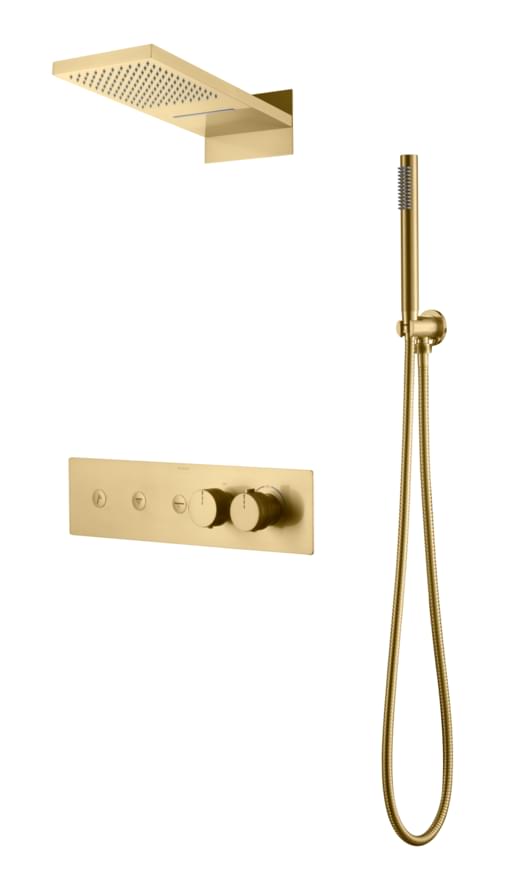 Плитка Boheme Fusion Душевая система FUSION встроенная с термостатом верхним душем и лейкой золото брашированное  поверхность брашированная
