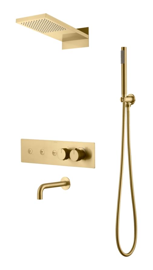 Плитка Boheme Fusion Душевая система FUSION встроенная с термостатом верхним душем изливом и лейкой золото брашированное  поверхность брашированная