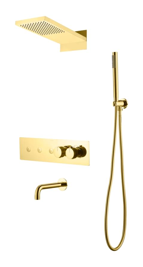 Плитка Boheme Fusion Душевая система FUSION встроенная с термостатом верхним душем изливом и лейкой золото  поверхность глянец