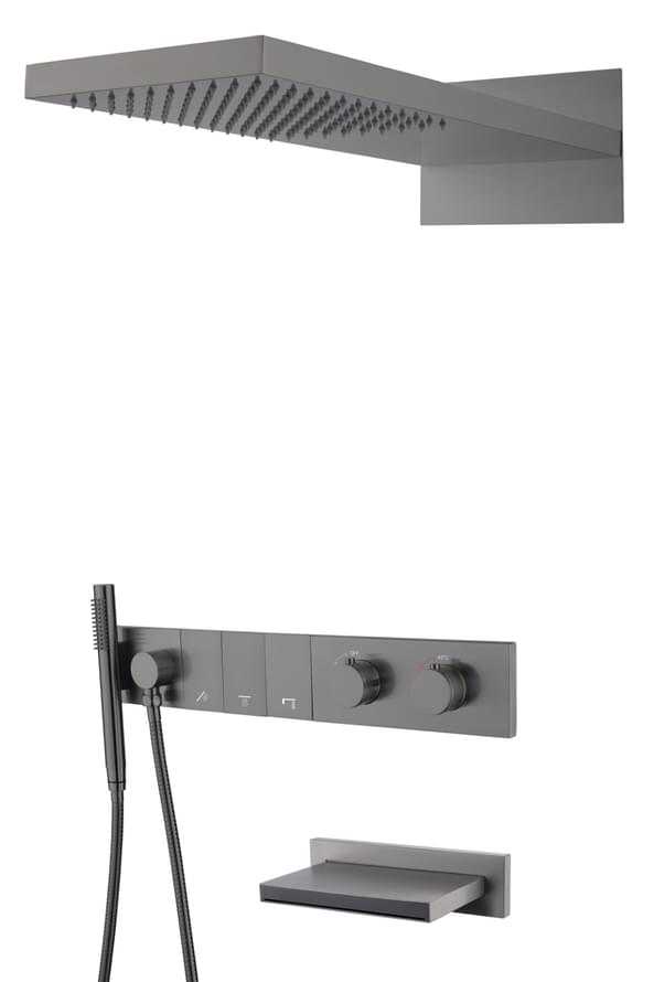 Плитка Boheme Zodiac Душевая система ZODIAC встроенная с термостатом изливом верхним душем и лейкой оружейная сталь брашированная  поверхность брашированная