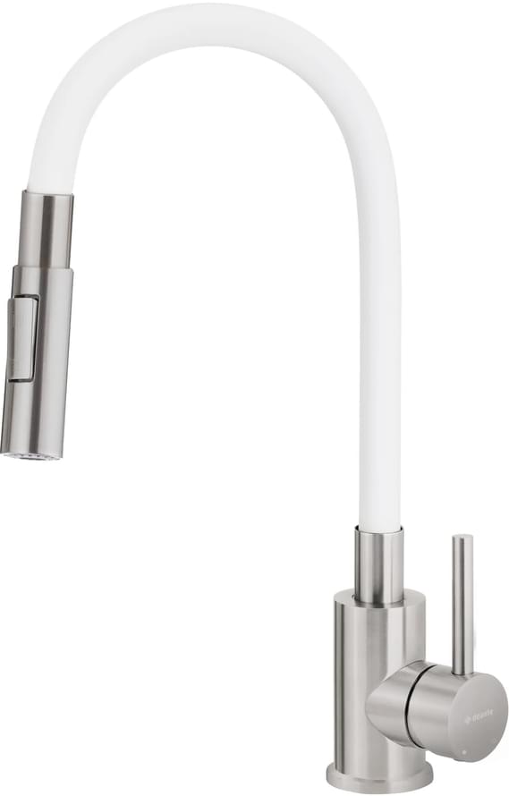 Плитка Deante Luno Смеситель LUNO для кухни с гибким изливом 2 режима сталь/белый  поверхность брашированная