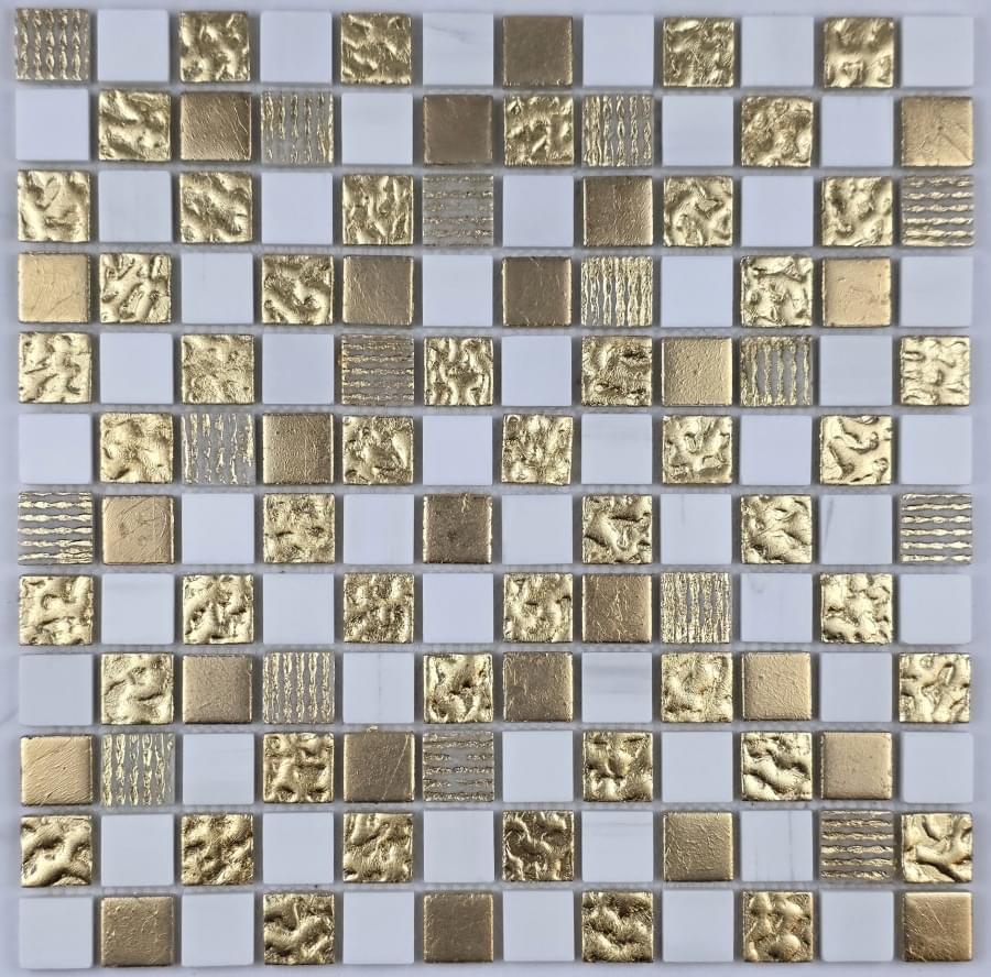 Плитка Liya Mosaic Elegance Krit 26 Белый С Золотом 30.5x30.5 см, поверхность микс