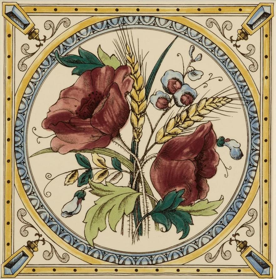Original Style Artworks Colonial White Poppy And Wheatsheaf Single Tile 15.2x15.2