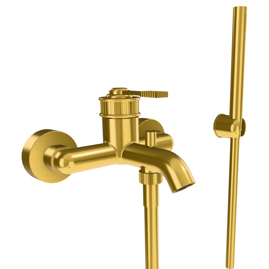 Плитка Remer Atelier Смеситель для ванны настенный с лейкой ATELIER округлый золото брашированное  поверхность брашированная