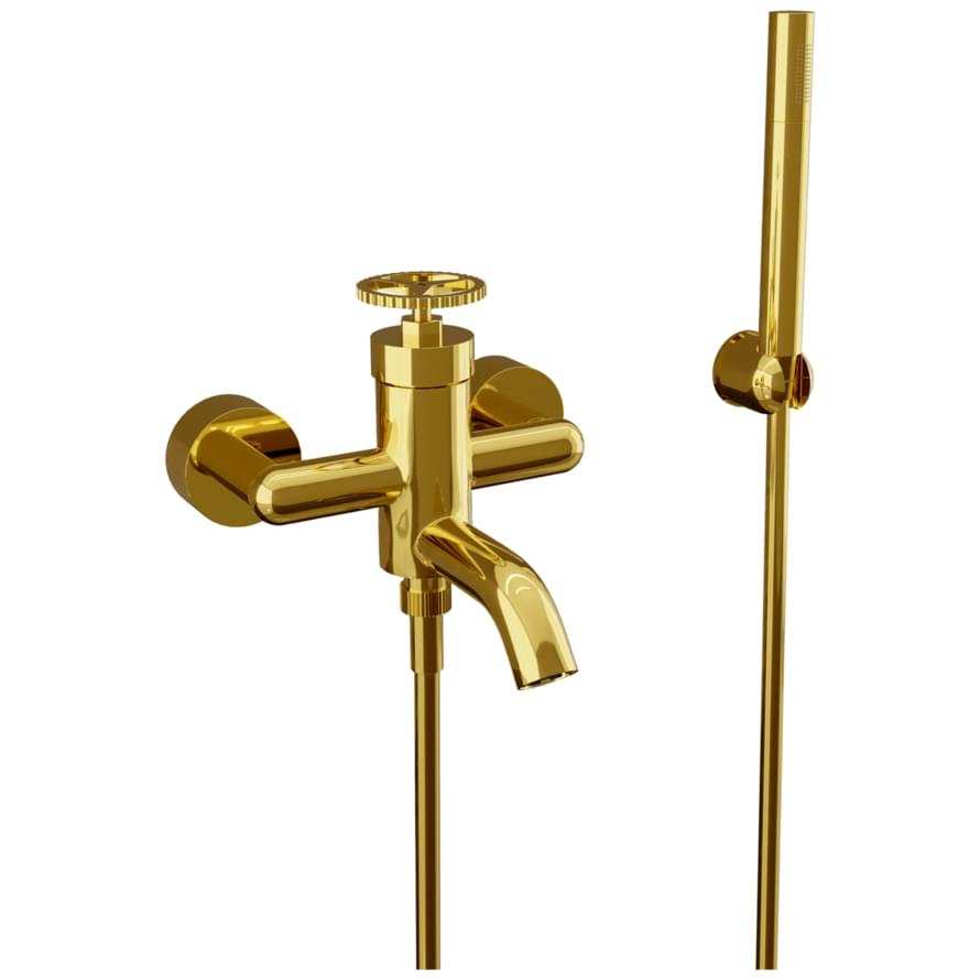 Плитка Remer Chrono Настенный смеситель для ванны с лейкой CHRONO золото глянцевое  поверхность глянец