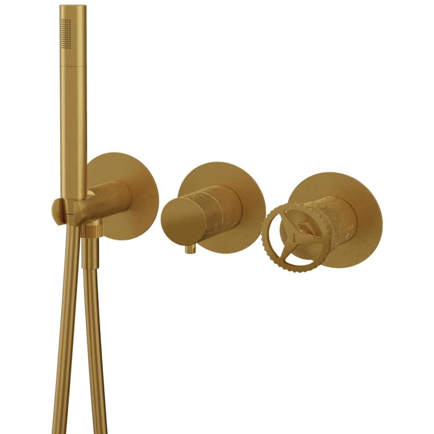 Плитка Remer Chrono Смеситель для душа CHRONO встраиваемый округлый на 3 выхода золото брашированное  поверхность брашированная