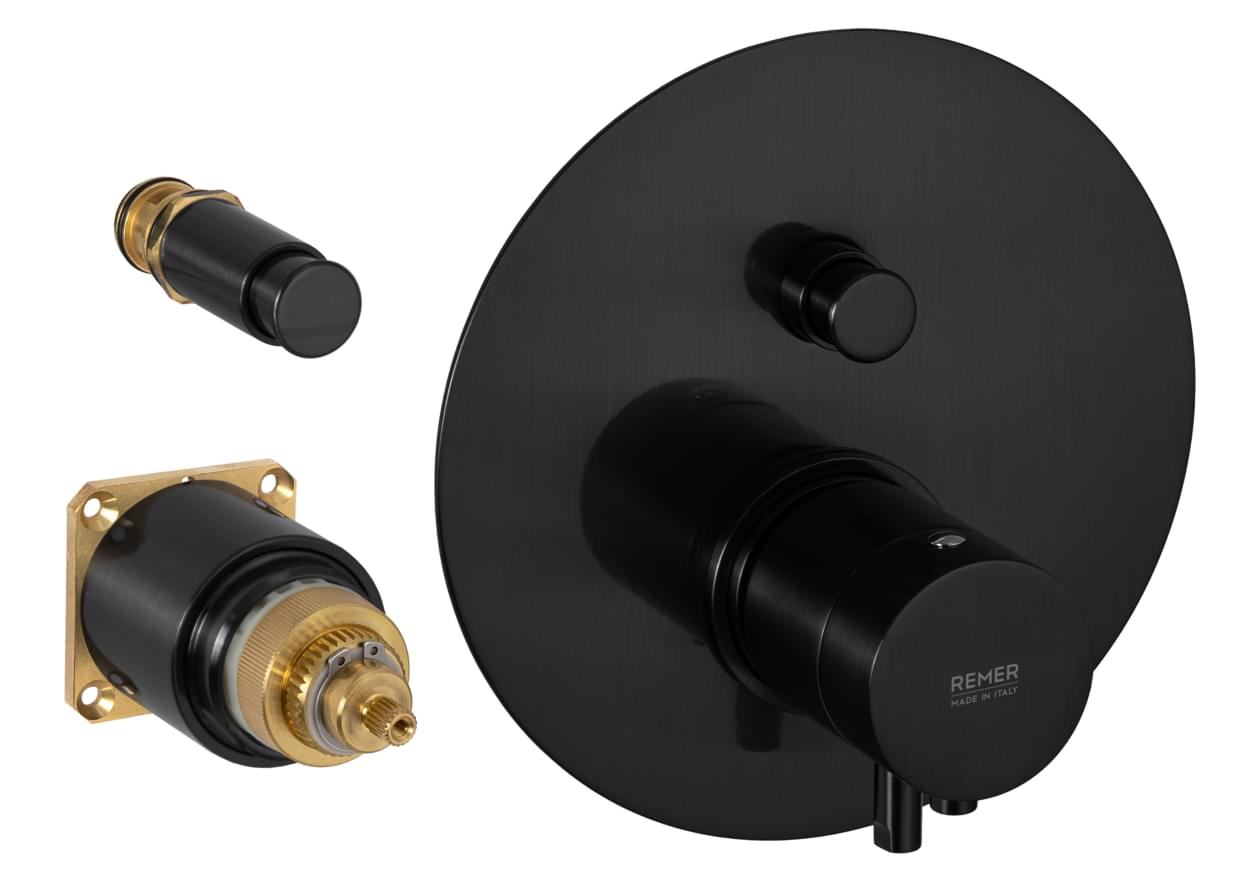 Плитка Remer Elegance Смеситель округлый термостатический для душа ELEGANCE черный брашированный хром  поверхность брашированная