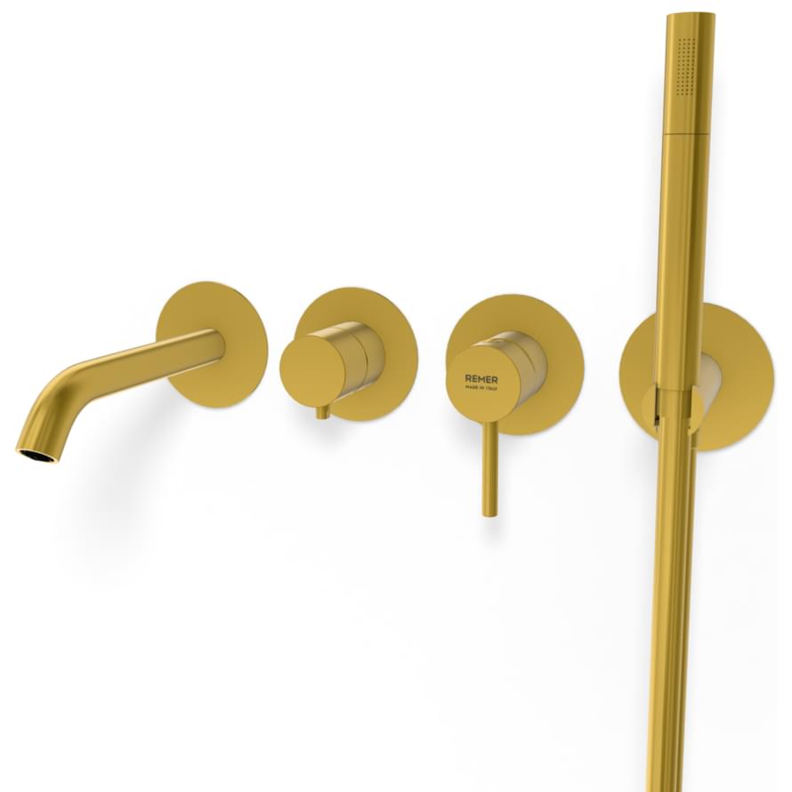 Плитка Remer X Style Настенный смеситель для ванны X STYLE с лейкой золото брашированное  поверхность брашированная