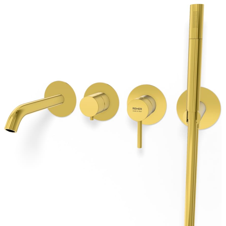 Плитка Remer X Style Настенный смеситель для ванны X STYLE с лейкой золото глянцевое  поверхность глянец