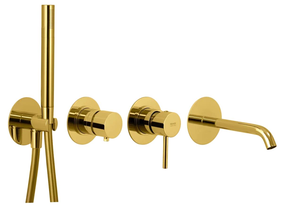 Плитка Remer X Style Смеситель для ванны X STYLE настенный с лейкой золото глянцевое  поверхность глянец