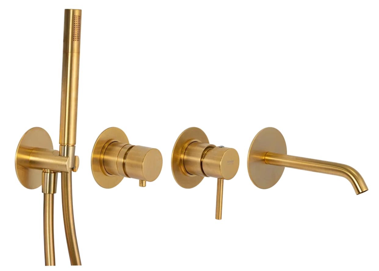 Плитка Remer X Style Смеситель настенный для ванны с лейкой X STYLE золото брашированное  поверхность брашированная