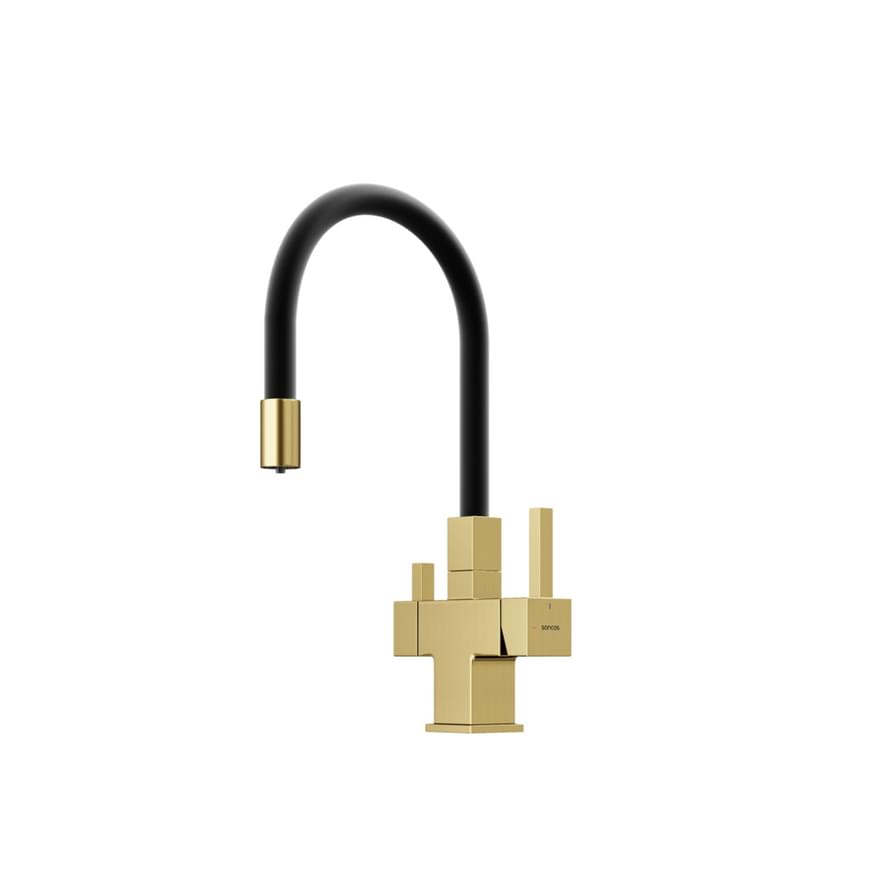 Плитка Sancos Arno Смеситель для кухни ARNO с гибким изливом цвет брашированное золото/черный PVD покрытие поверхность брашированная