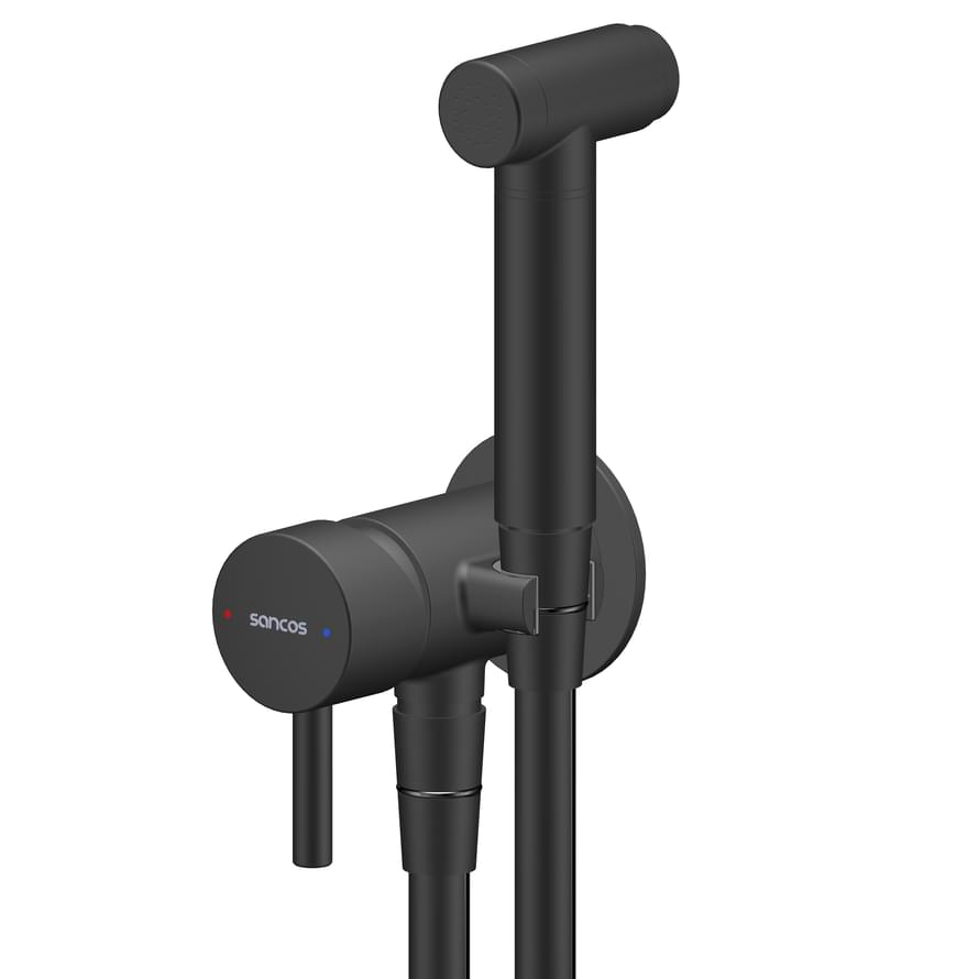 Плитка Sancos Atom Гигиенический душ ATOM со смесителем черный  поверхность матовая