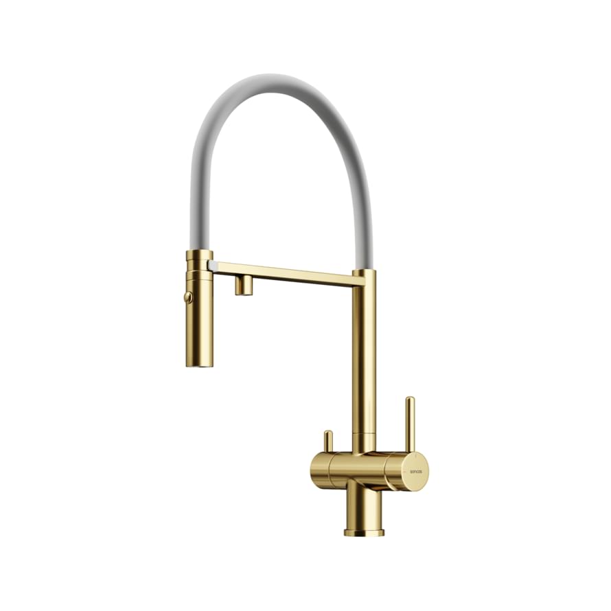 Плитка Sancos Imola Смеситель для кухни IMOLA с гибким изливом цвет брашированное золото/белый PVD покрытие поверхность брашированная