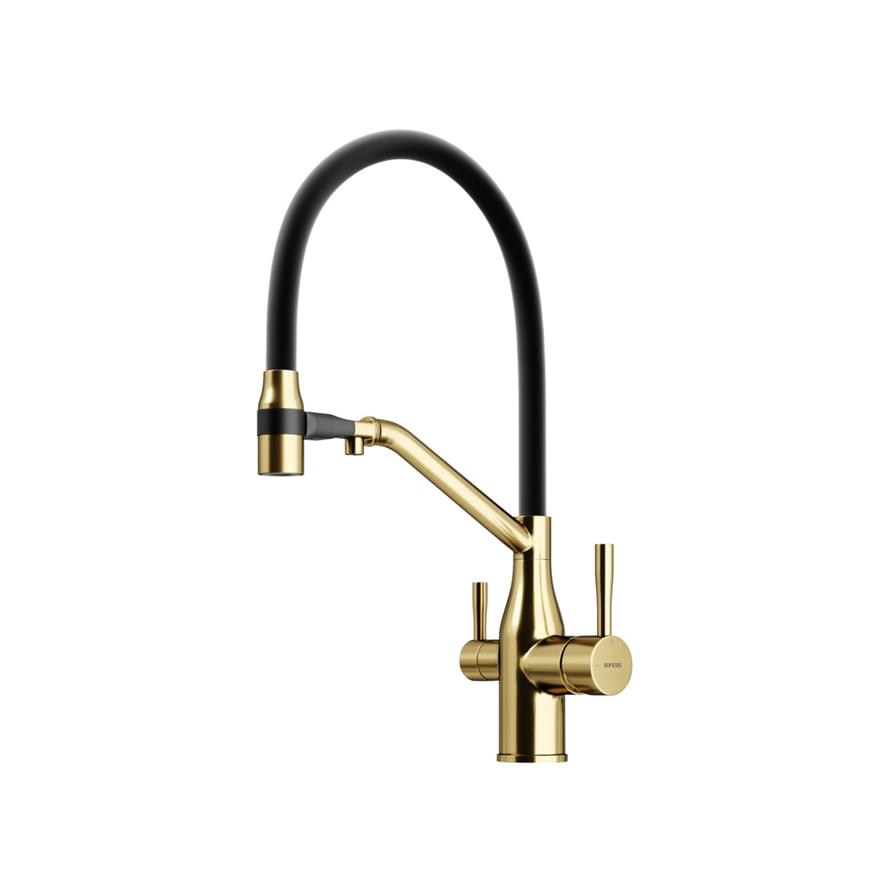 Плитка Sancos Orta Смеситель для кухни ORTA с гибким изливом цвет брашированное золото/черный PVD покрытие  поверхность брашированная