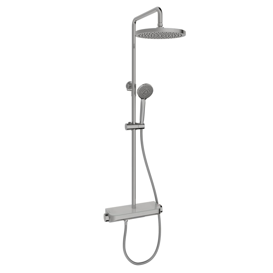 Плитка Sancos Teo Душевая стойка TEO с термостатом изливом и полкой хром  поверхность глянец