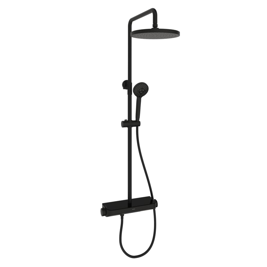 Плитка Sancos Teo Душевая стойка TEO с термостатом изливом и полкой черный матовый  поверхность матовая