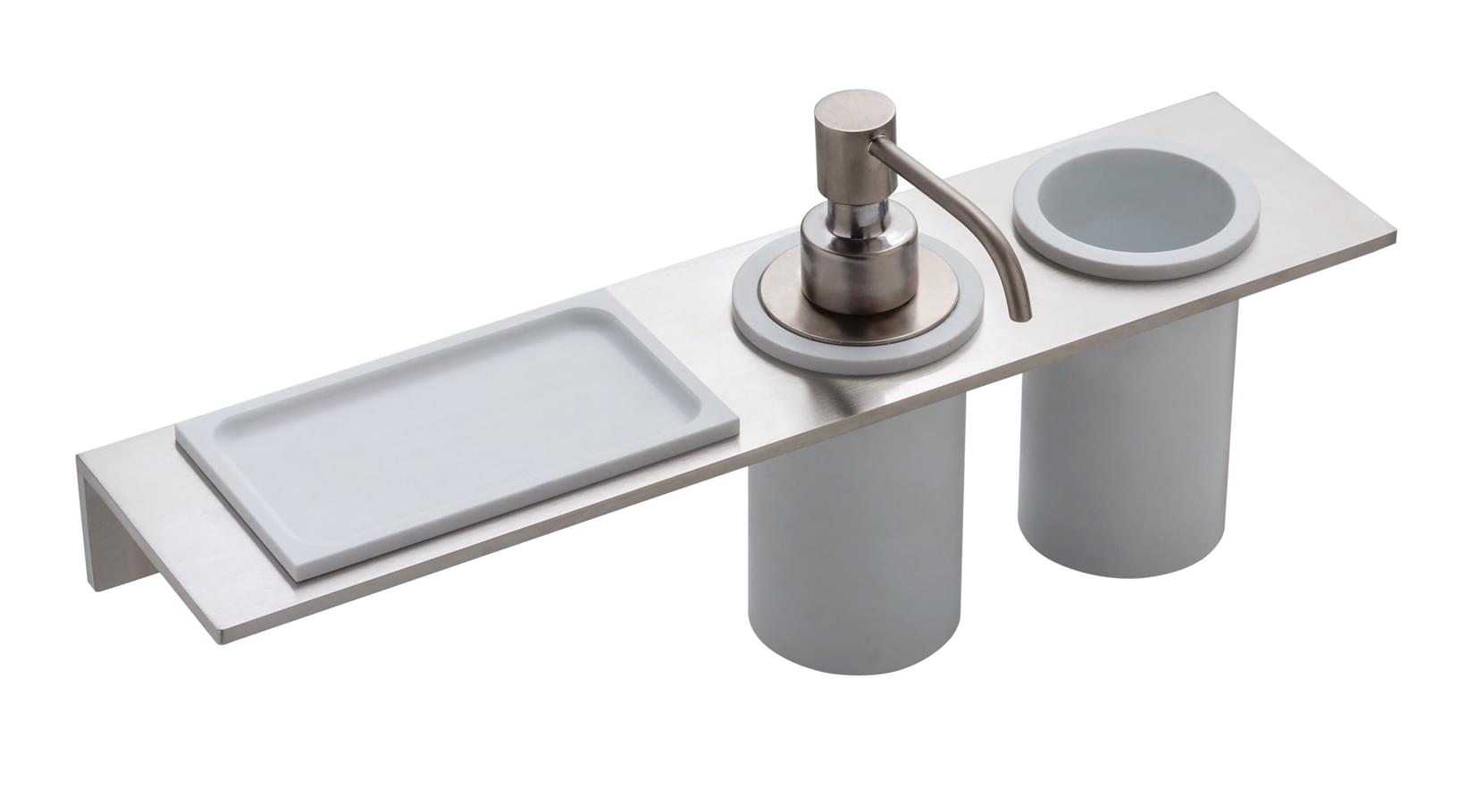 Плитка Treemme 22mm Полка со стаканом и дозатором для жидкого мыла 22mm нержавеющая сталь  поверхность брашированная