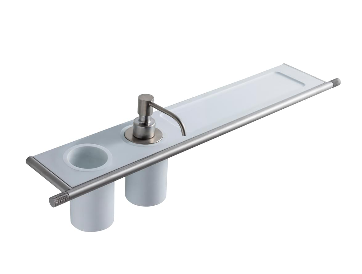 Плитка Treemme 22mm Полка со стаканом и дозатором жидкого мыла 22mm. нержавеющая сталь  поверхность брашированная