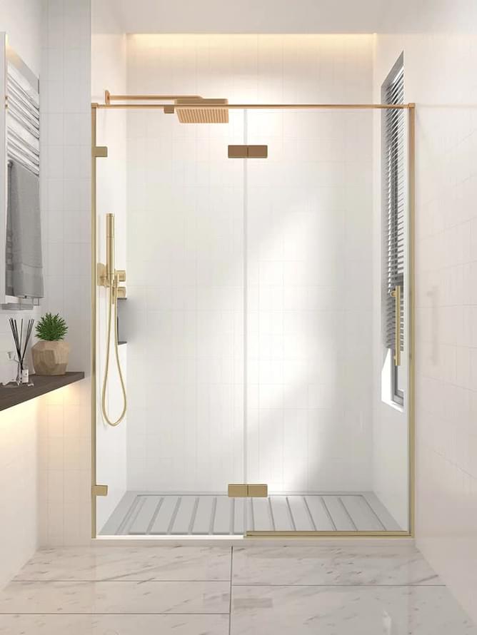 Плитка Veconi-Premium Alassio Душевая дверь распашная Premium Alassio-G 1290-1300x2000 мм прозрачное стекло 8 мм профиль золото брашированное  поверхность брашированная