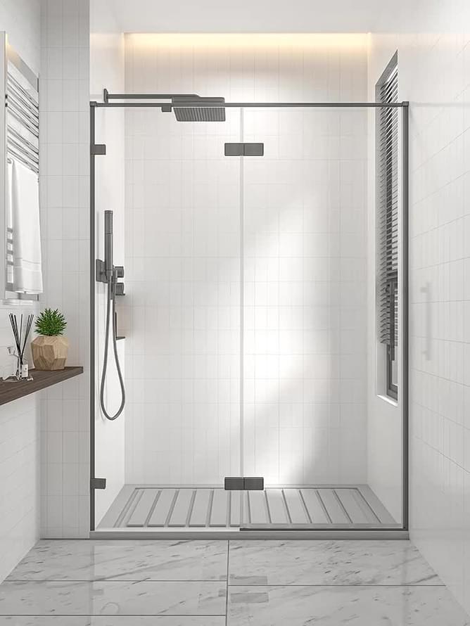 Плитка Veconi-Premium Alassio Душевая дверь распашная Premium Alassio-GR 1290-1300x2000 мм прозрачное стекло 8 мм профиль графит брашированный  поверхность брашированная