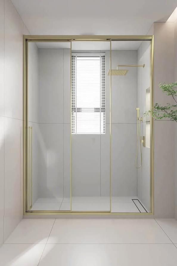 Плитка Veconi-Premium Prato Душевая дверь раздвижная Premium Prato 300 G-R 1080-1100x2000 мм правая прозрачное стекло 8 мм профиль золото брашированное  поверхность брашированная