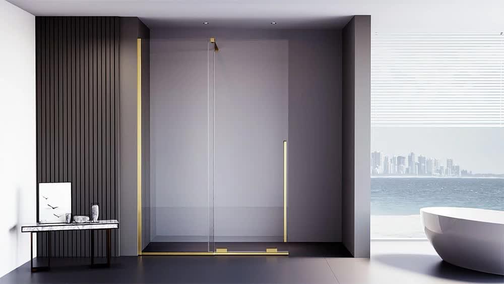 Плитка Veconi-Premium Trento Душевая перегородка Premium Trento PTDW-50G 1380-1390x2000 мм прозрачное стекло 8 мм профиль золото брашированное  поверхность брашированная
