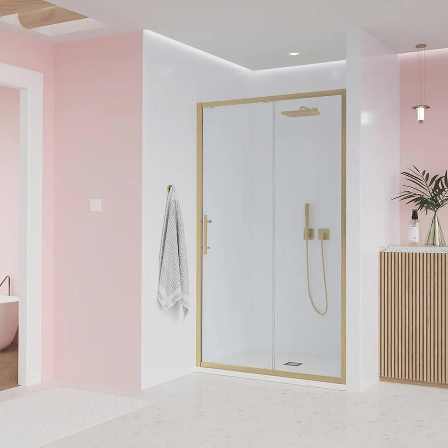 Плитка Veconi Evo Душевая дверь раздвижная Evo 100 G 1070-1110x1950 мм прозрачное стекло 6 мм профиль золото брашированное  поверхность брашированная