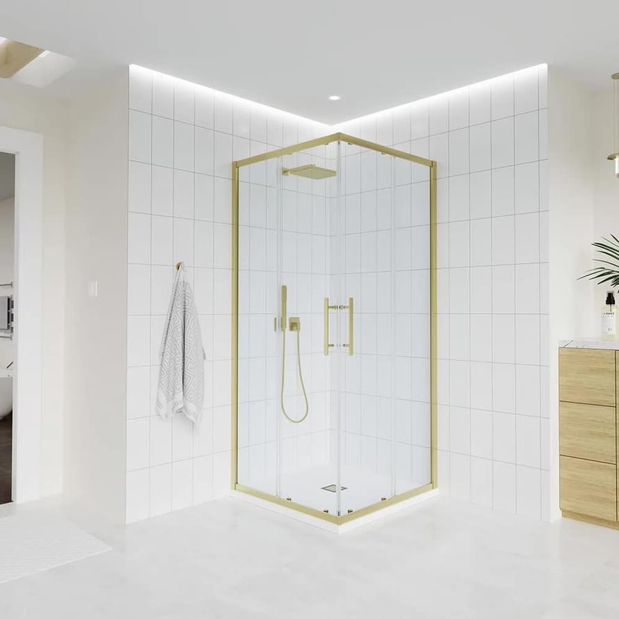 Плитка Veconi Evo Душевой угол раздвижной Evo 300 G 1180-1200x880-900 мм прозрачное стекло 6 мм профиль золото брашированное  поверхность брашированная