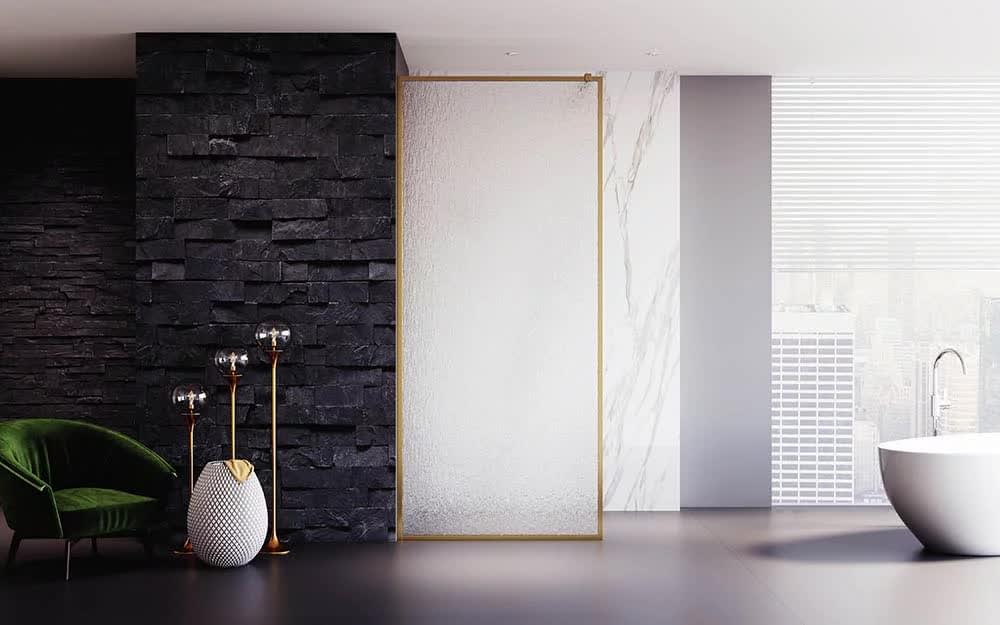 Плитка Veconi Korato Душевая перегородка KR-81RG 900х2000 мм стекло дождь 8 мм профиль золото брашированное  поверхность брашированная