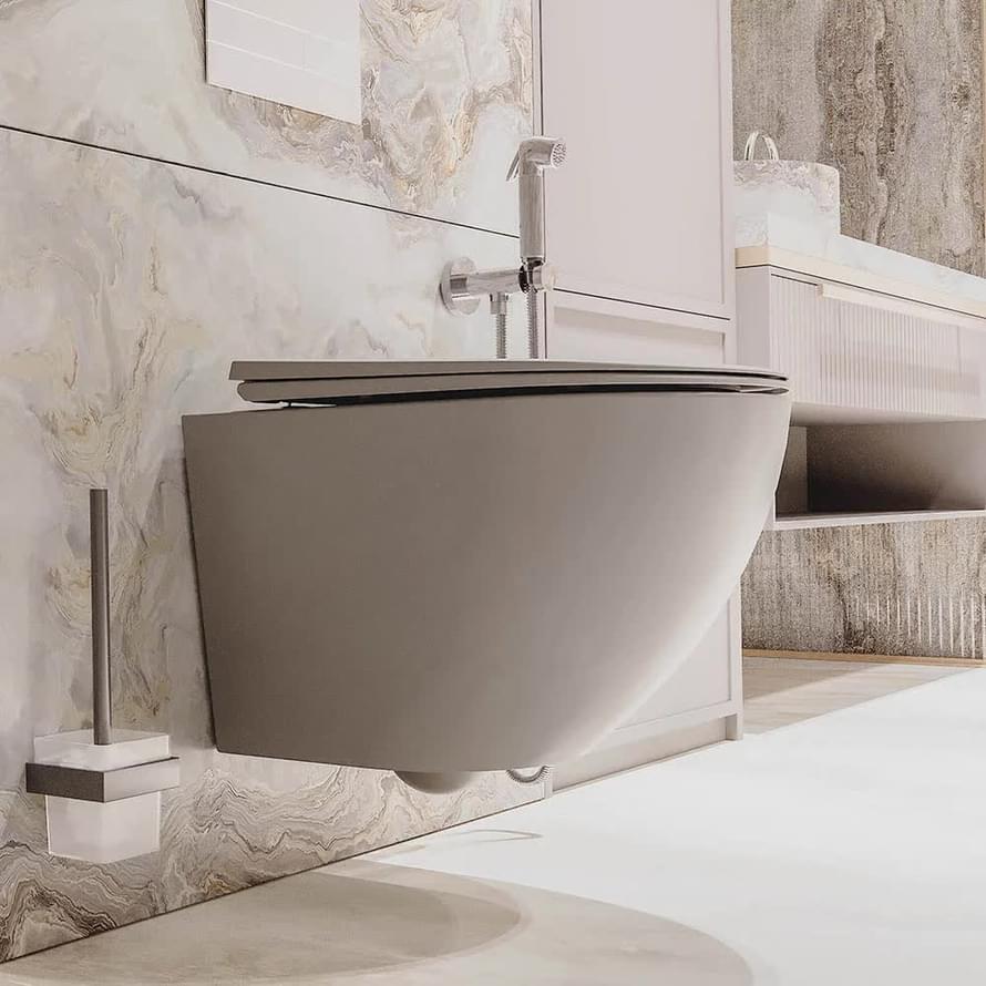 Плитка Veconi Moro Унитаз подвесной безободковый Moro смыв Торнадо сиденье с микролифтом серый матовый  поверхность матовая