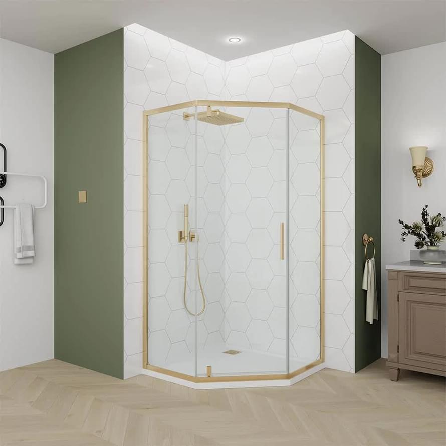 Плитка Veconi Ottimo Душевой угол распашной Ottimo P10 G 780-800х780-800 мм прозрачное стекло 5 мм профиль золото брашированное  поверхность брашированная