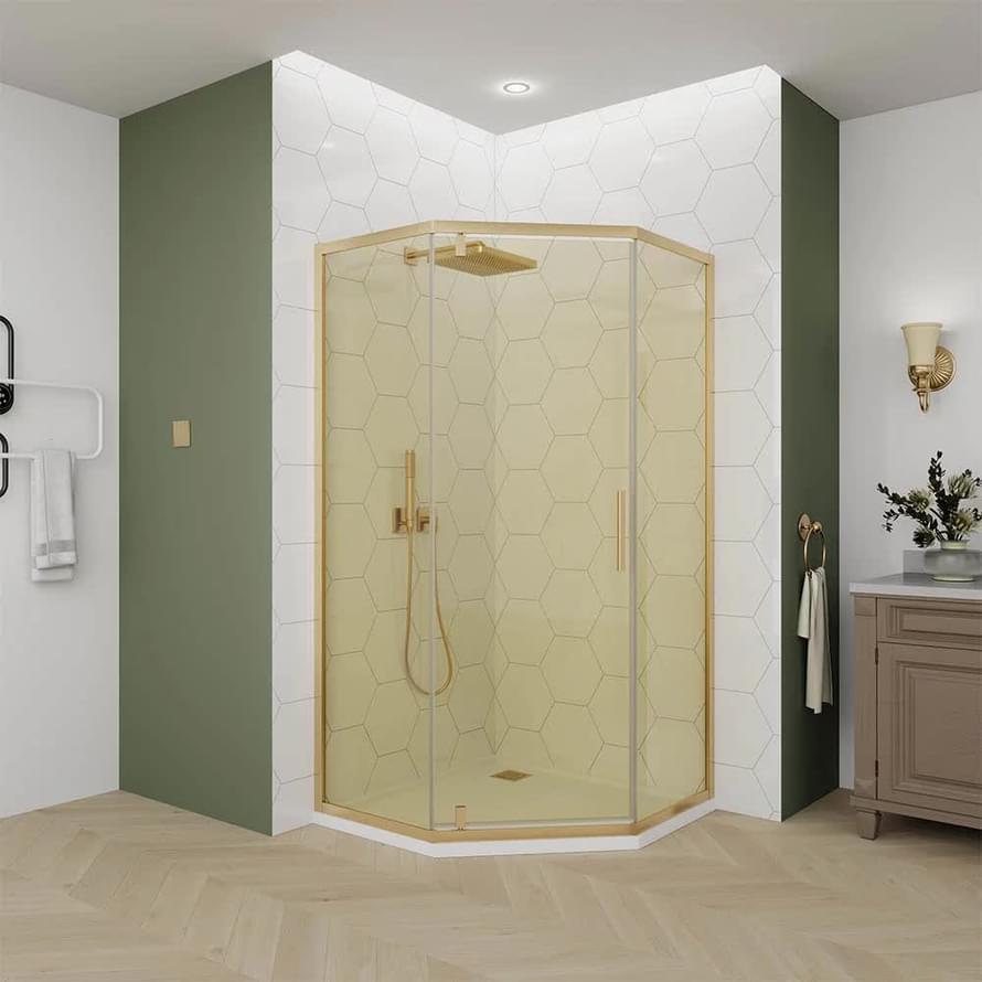 Плитка Veconi Ottimo Душевой угол распашной Ottimo P10 G 980-1000х980-1000 мм стекло янтарь 5 мм профиль золото брашированное  поверхность брашированная