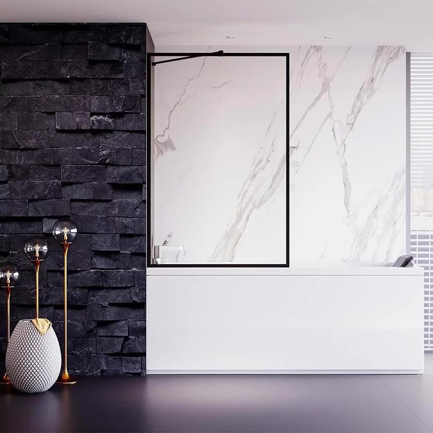 Плитка Veconi Palau Шторка на ванну PL-85B 690-700x1500 мм прозрачное стекло 6 мм профиль черный матовый  поверхность матовая