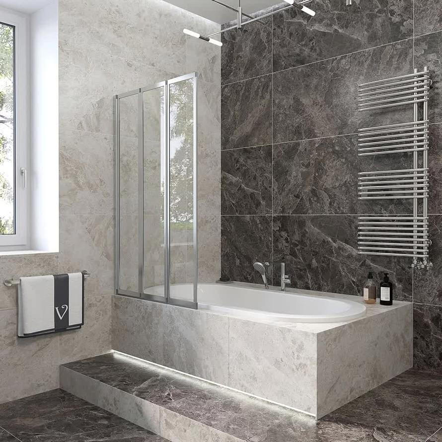 Плитка Veconi Palau Шторка на ванну складная PL-73L 905-920x1500 мм левая прозрачное стекло 4 мм профиль хром  поверхность глянец