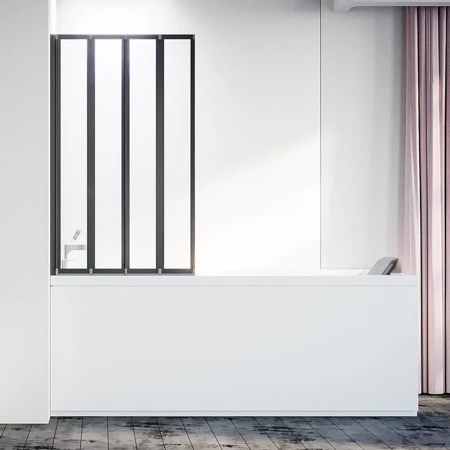 Плитка Veconi Palau Шторка на ванну складная PL-74BL 1205-1220x1500 мм левая прозрачное стекло 4 мм профиль черный матовый  поверхность матовая