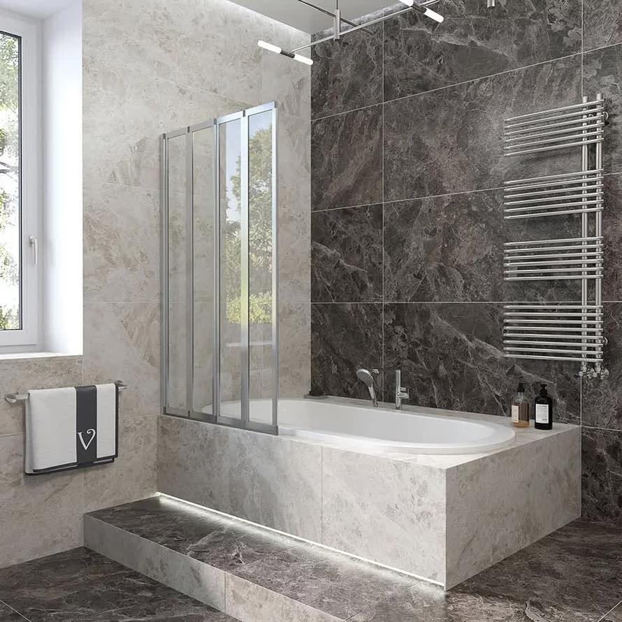 Плитка Veconi Palau Шторка на ванну складная PL-74L 1205-1220x1500 мм левая прозрачное стекло 4 мм профиль хром  поверхность глянец