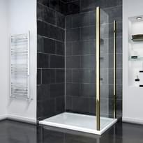 Плитка Veconi Rovigo Боковая фиксированная панель KP-14G 680-700x1950 мм прозрачное стекло 6 мм профиль золото брашированное поверхность брашированная