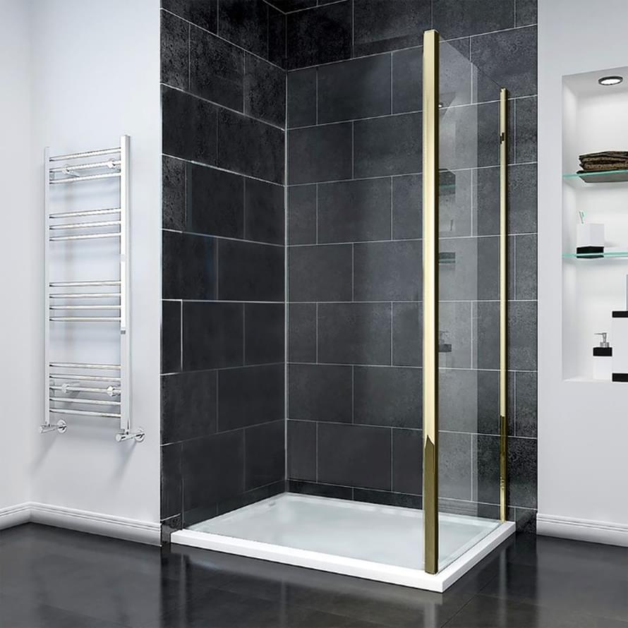 Плитка Veconi Rovigo Боковая фиксированная панель KP-14G 780-800x1950 мм прозрачное стекло 6 мм профиль золото брашированное  поверхность брашированная