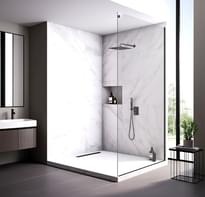 Плитка Veconi Rovigo Боковая фиксированная панель KP-15B 890-900x2000 мм прозрачное стекло 8 мм профиль черный матовый поверхность матовая