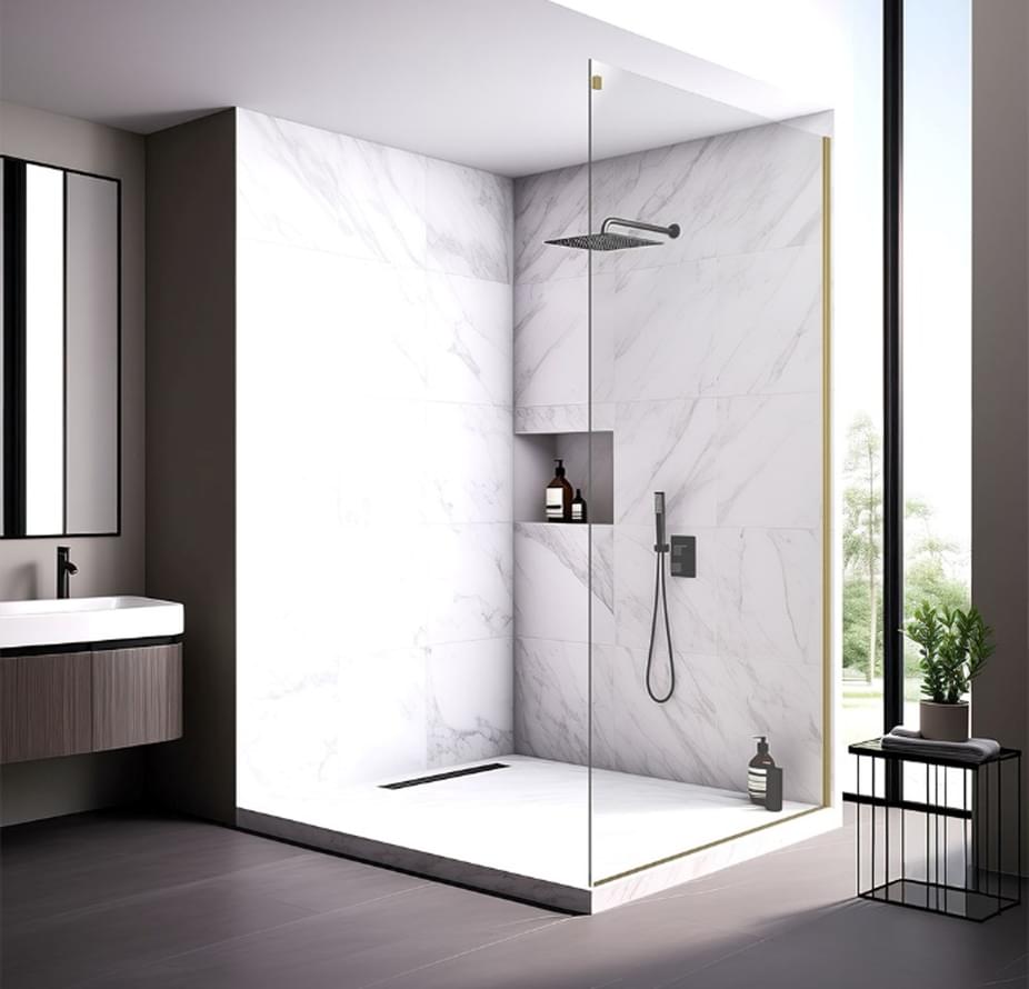 Плитка Veconi Rovigo Боковая фиксированная панель KP-15G 990-1000x2000 мм прозрачное стекло 8 мм профиль золото брашированное  поверхность брашированная