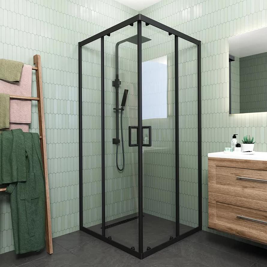 Плитка Veconi Rovigo Душевой угол раздвижной RV-13 780-800х780-800 мм прозрачное стекло 6 мм профиль черный матовый  поверхность матовая