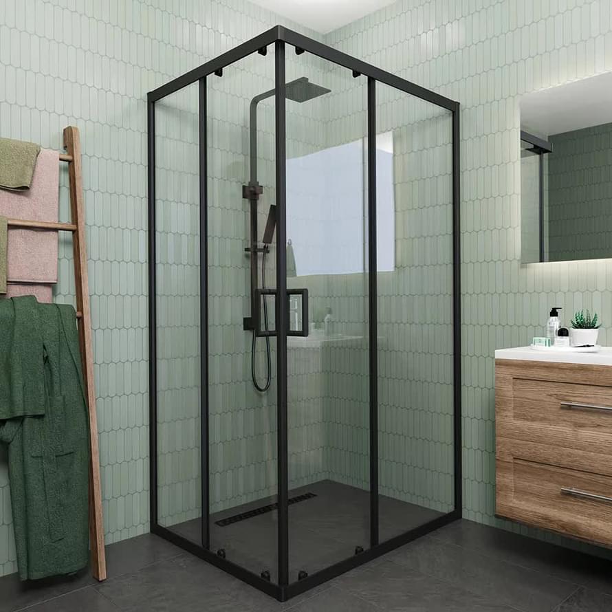 Плитка Veconi Rovigo Душевой угол раздвижной RV-14 1180-1200х980-1000 мм прозрачное стекло 6 мм профиль черный матовый  поверхность матовая