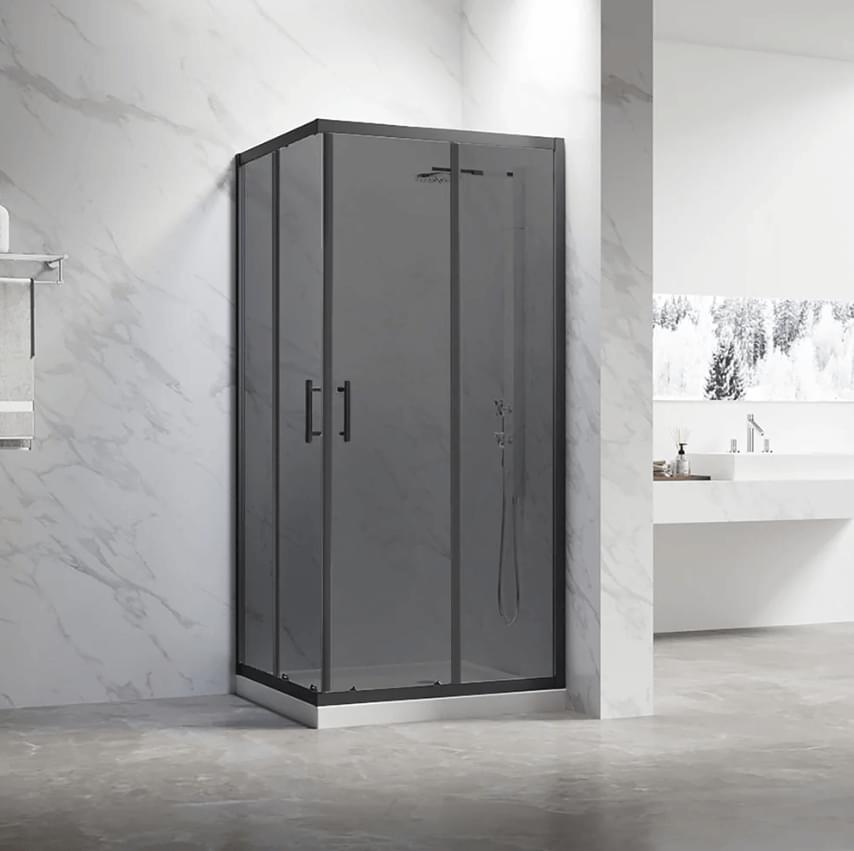 Плитка Veconi Rovigo Душевой угол раздвижной RV-27B Grey 980-1000x880-900 мм тонированное стекло 5 мм профиль черный матовый  поверхность матовая