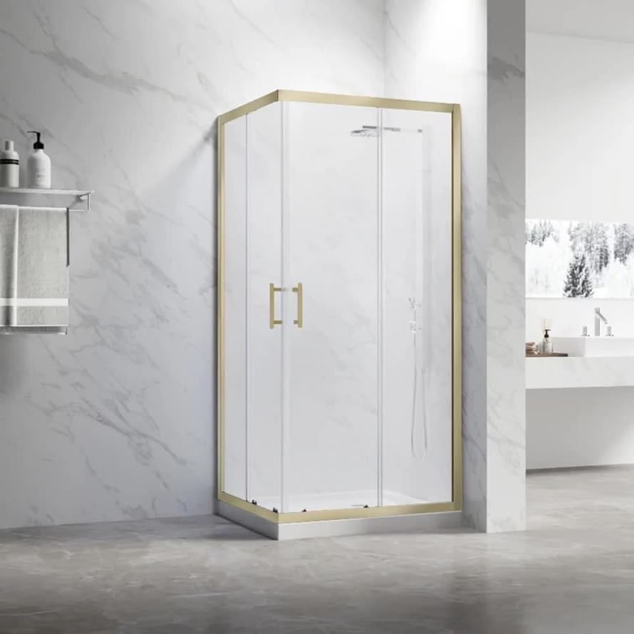 Плитка Veconi Rovigo Душевой угол раздвижной RV-27G 980-1000x980-1000 мм прозрачное стекло 5 мм профиль золото брашированное  поверхность брашированная