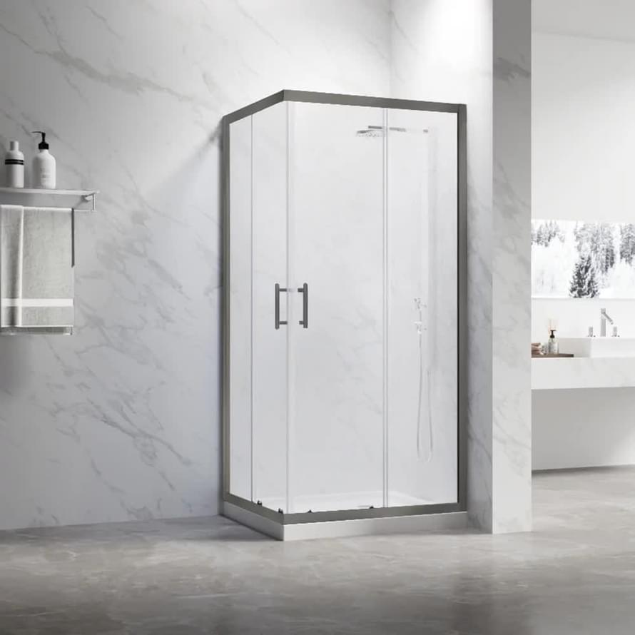 Плитка Veconi Rovigo Душевой угол раздвижной RV-27GM 1080-1100x880-900 мм прозрачное стекло 5 мм профиль оружейная сталь  поверхность брашированная