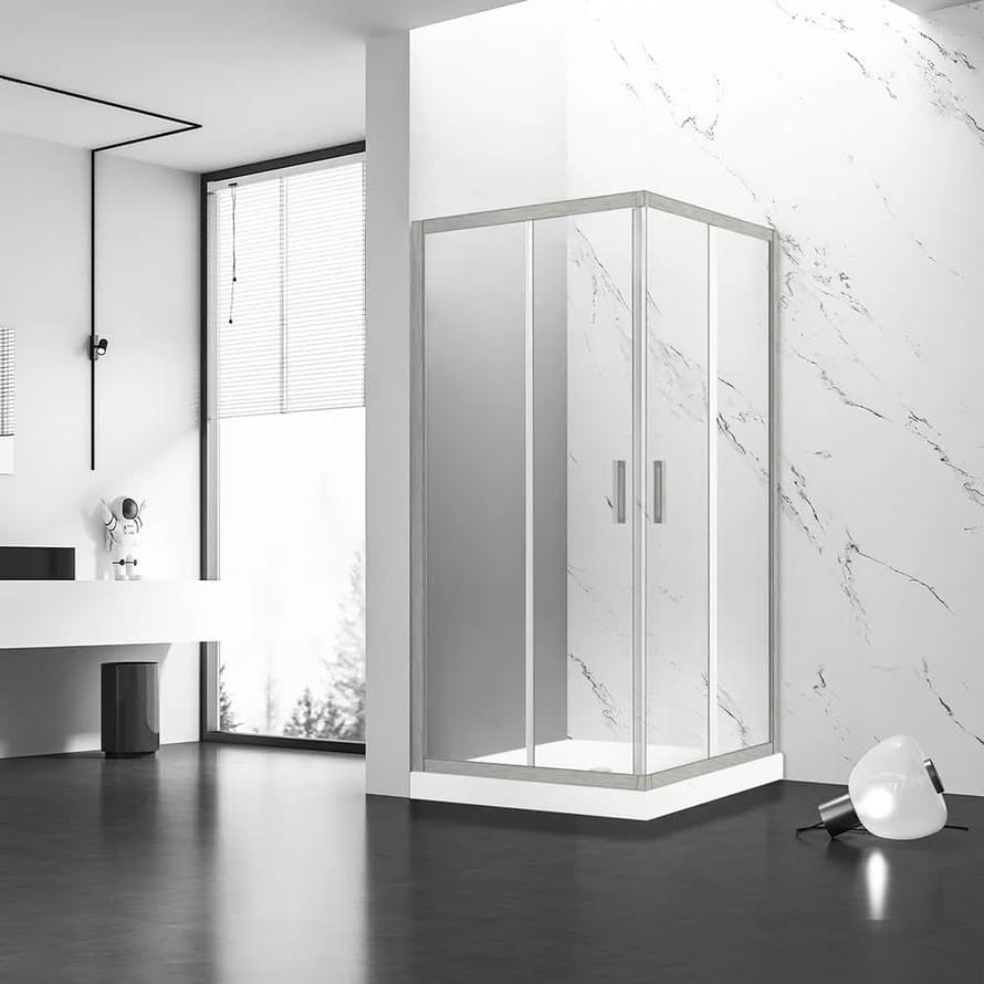 Плитка Veconi Rovigo Душевой угол раздвижной RV-83 780-800x780-800 мм прозрачное стекло 6 мм профиль никель  поверхность брашированная
