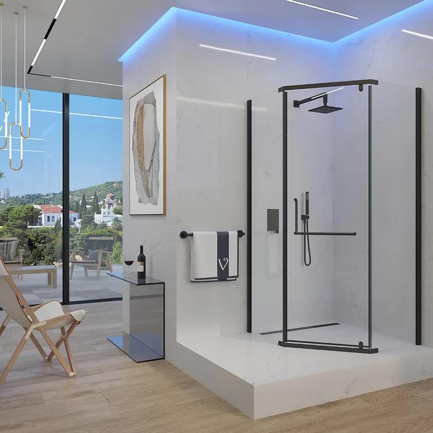 Плитка Veconi Rovigo Душевой угол распашной RV-36B 980-1000х980-1000 мм прозрачное стекло 6 мм профиль черный матовый  поверхность матовая