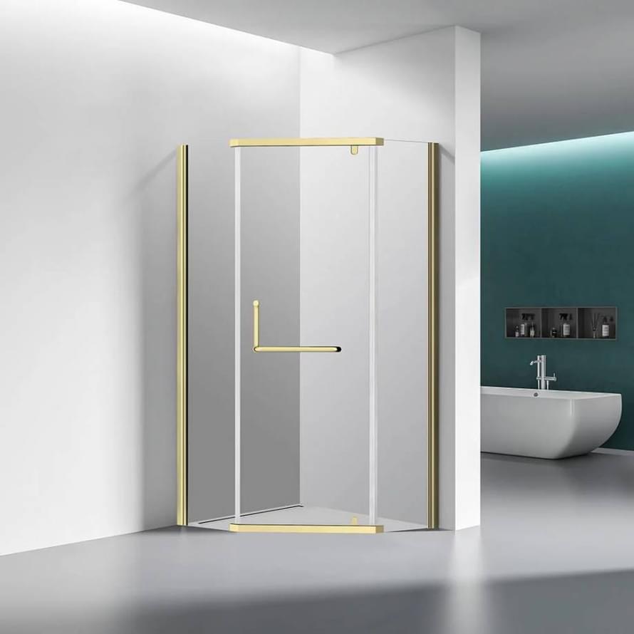 Плитка Veconi Rovigo Душевой угол распашной RV-36G 880-900х880-900 мм прозрачное стекло 6 мм профиль золото брашированное  поверхность брашированная