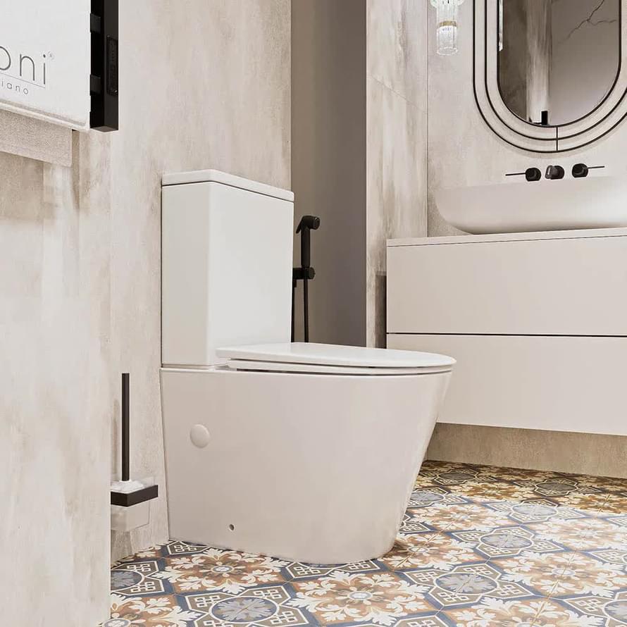 Плитка Veconi Telle Унитаз напольный безободковый Telle смыв Торнадо сиденье с микролифтом белый  поверхность глянец